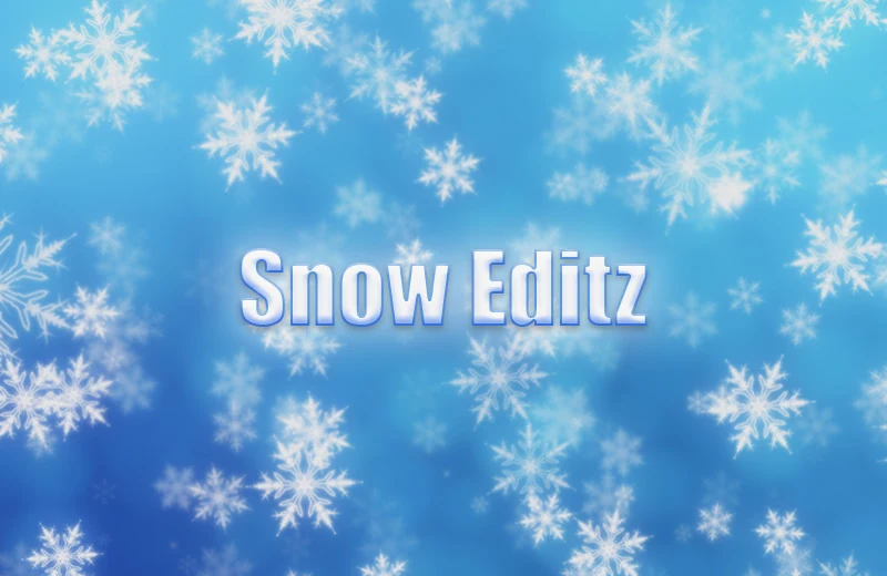 The original Snow Editz logo: white bevelled lettering over blue falling snowflakes